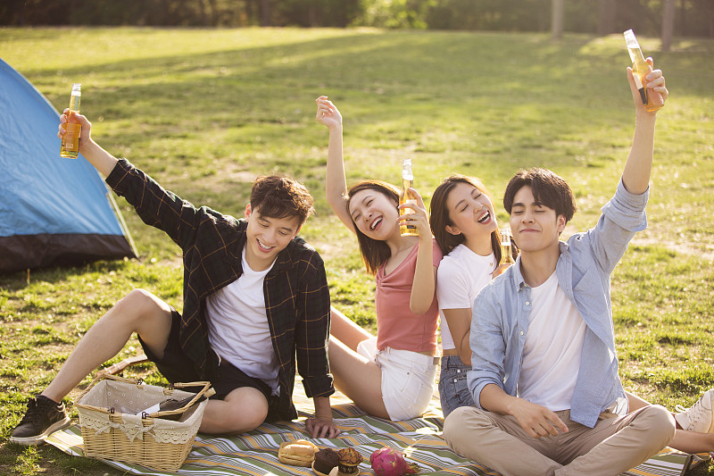 快乐的年轻朋友在户外野餐聚会图片下载
