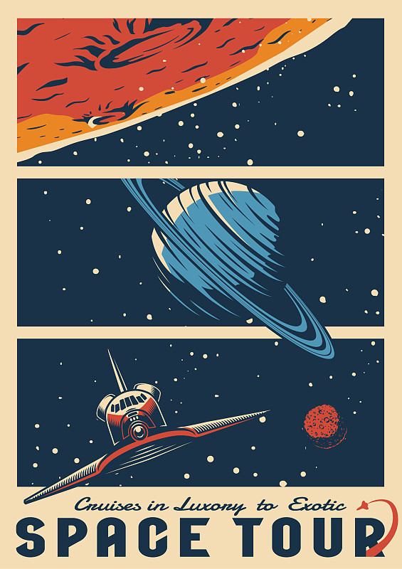 宇宙之旅复古彩色海报图片素材