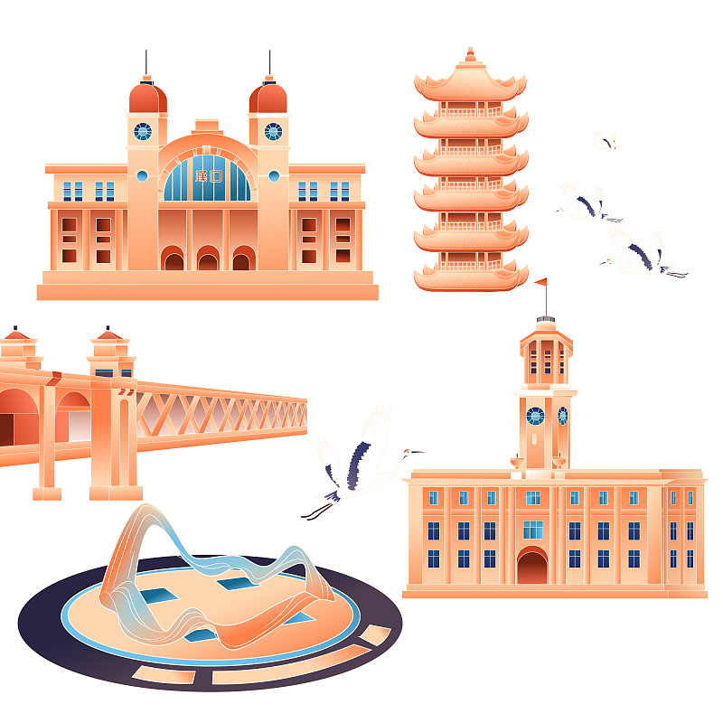 出游旅行中国武汉城市地标特色印象建筑风景中国风国潮矢量插画图片