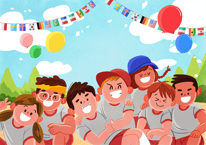 风景插图的七个孩子微笑与气球和世界的旗帜在运动日图片下载