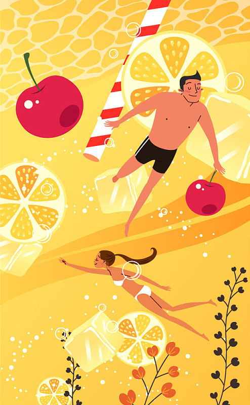 矢量插图的男人和女人游泳在橙色的水与水果图片素材