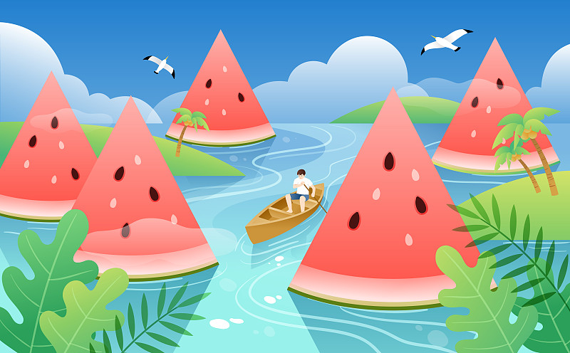 夏天水上的西瓜和划船的人图片素材
