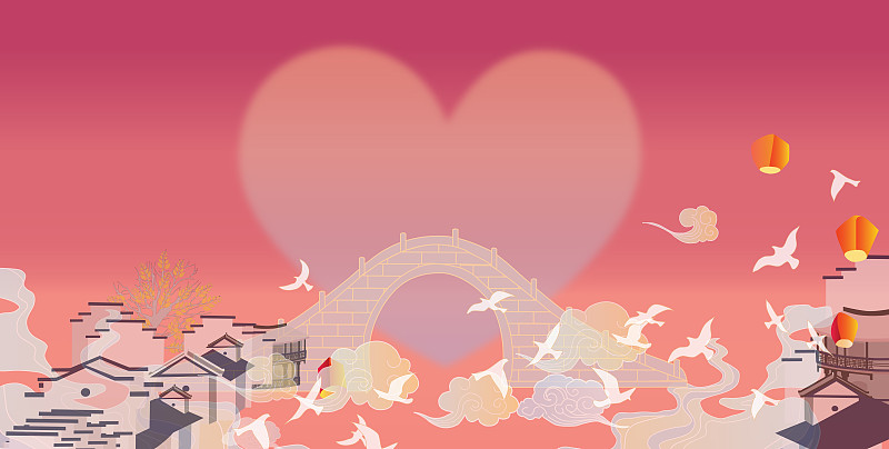 七夕鹊桥孔明灯古建筑背景新中式矢量插画图片