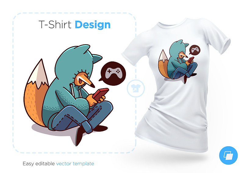狐狸穿着帽衫玩t恤设计的手机游戏图片素材