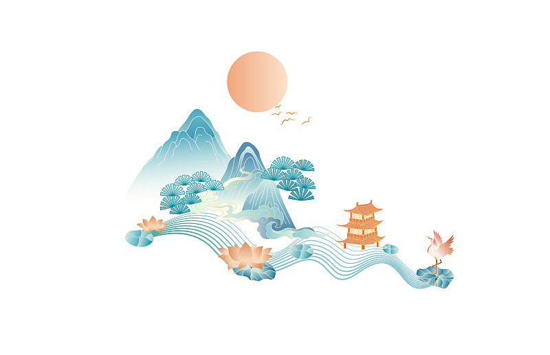 彩色的中国风山水元素组合图片素材