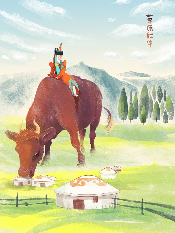 牛年系列7-草原红牛（有字）图片素材