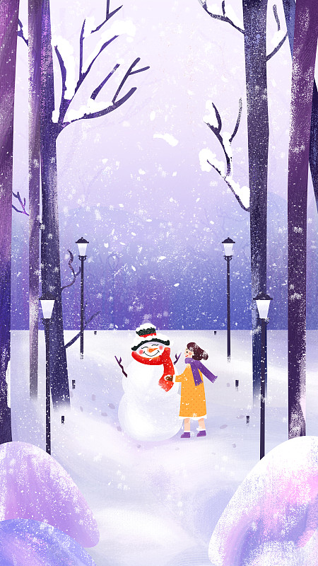插画冬天季节下雪堆雪人女孩树木户外积雪寒冷图片