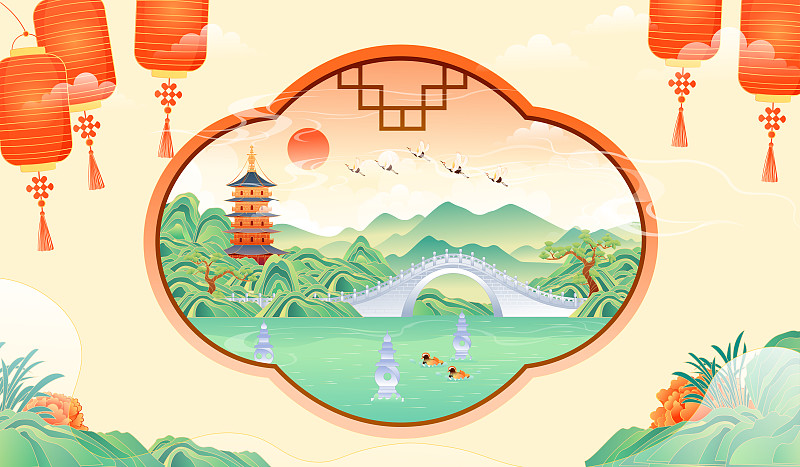 杭州西湖美丽的风景矢量插画图片