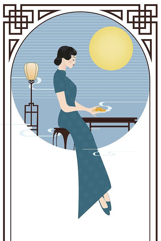 穿旗袍的中国女人端着月饼的中秋节插画下载