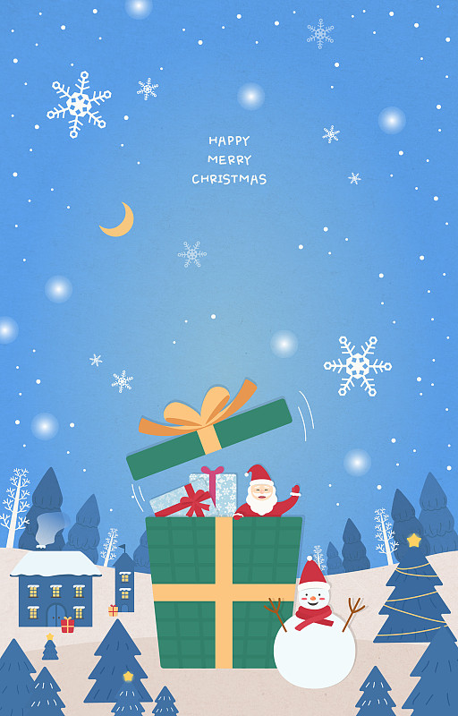 插图，圣诞节，圣诞老人，村庄，冬天，雪，诞生，背景图片素材