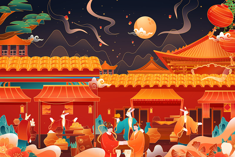 卡通中秋节传统节日习俗市集贸易电商促销中国风国潮矢量插画图片