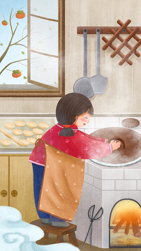 小女孩煮饺子中国风节气插画图片