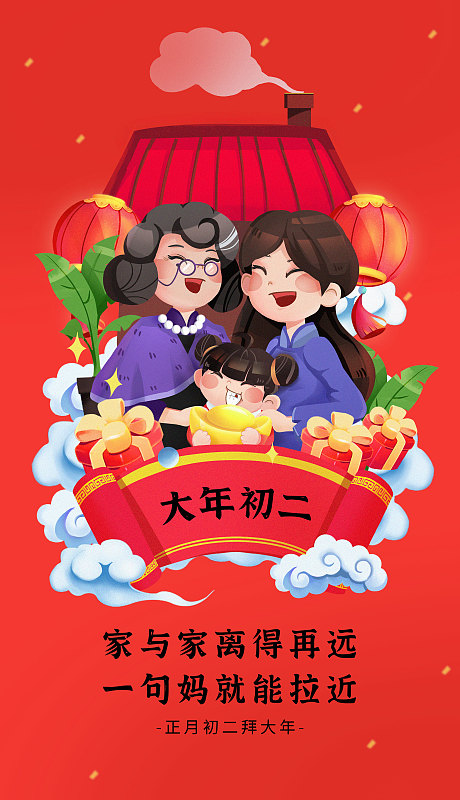 创意中国风大年初二新年节日海报图片下载