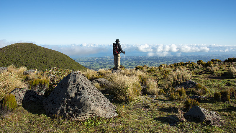 后视图的人站在山对天空，Eltham，新西兰图片下载