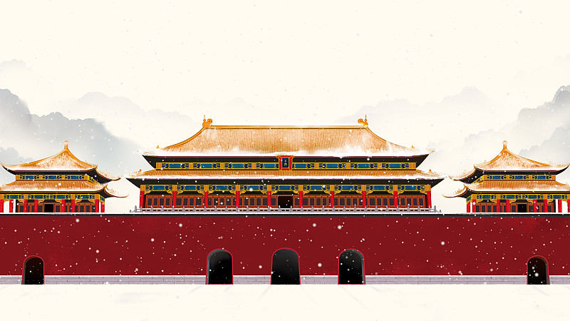唯美故宫雪景中国风手绘水墨画图片下载