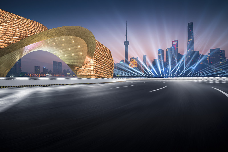 大湾区上海科幻时尚未来城市天际线大转弯运动模糊的公路夜景图片下载