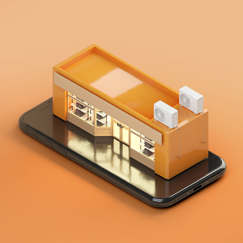 3D插图的橙色商店与灯光放在手机上图片素材