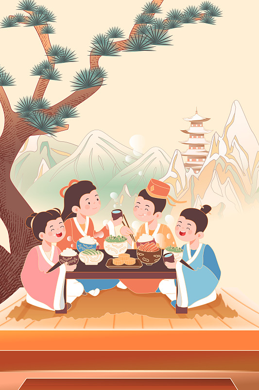 卡通冬至立冬冬季古人家人团圆美食餐饮吃饭聚餐中国风矢量插画图片