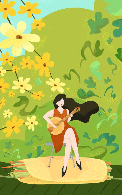 女孩弹吉他二十四节气立春春分插画竖版图片下载