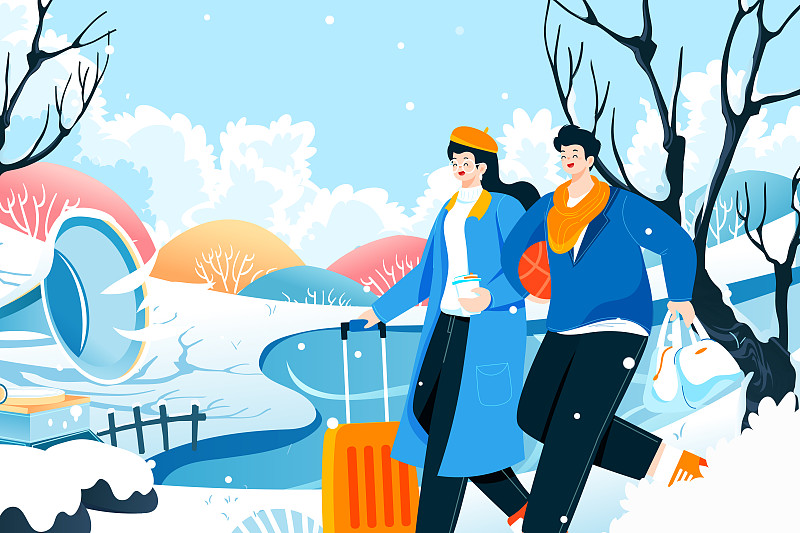 卡通冬季温暖促销冬日情侣出游旅行滑雪玩耍打雪仗儿童矢量插画下载