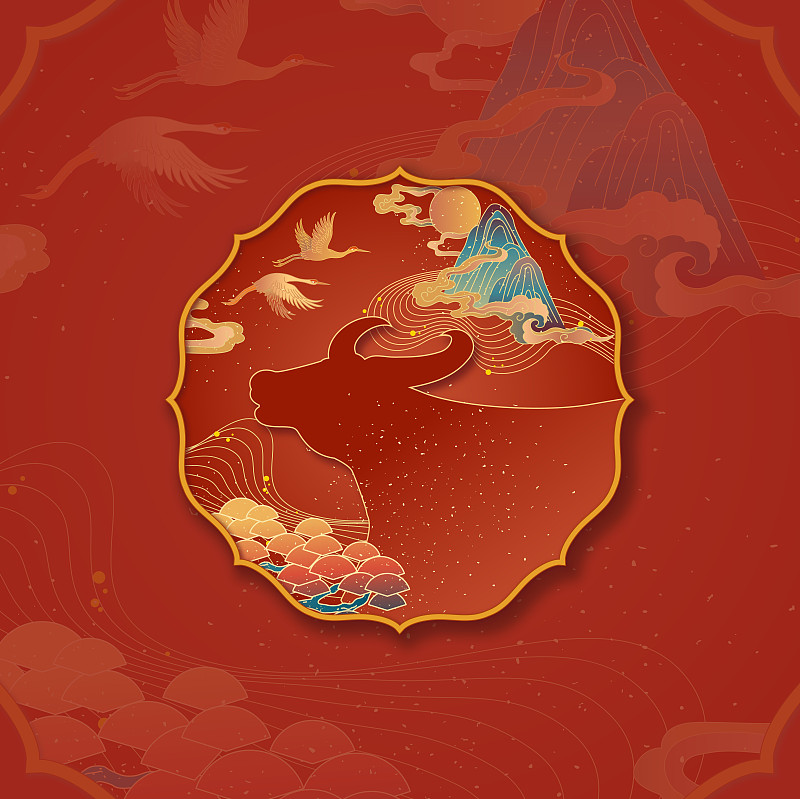 中国风红色牛年山水插画装饰图案下载