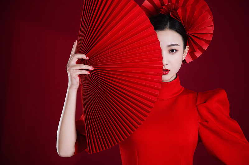 中国红,折扇,年青女人,广告图片素材