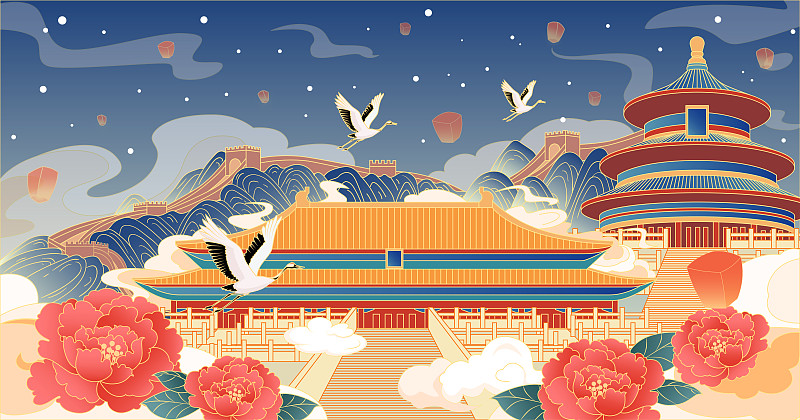 北京故宫长城天坛国风国潮插画图片