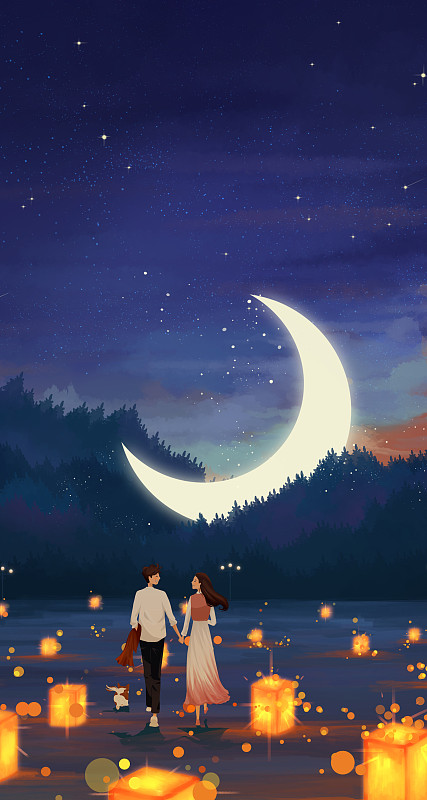 夜晚散步的情侣 情人节插画图片