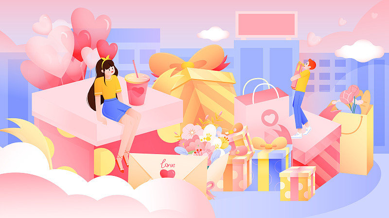 情侣情人节约会购物、礼物花朵气球矢量插画下载