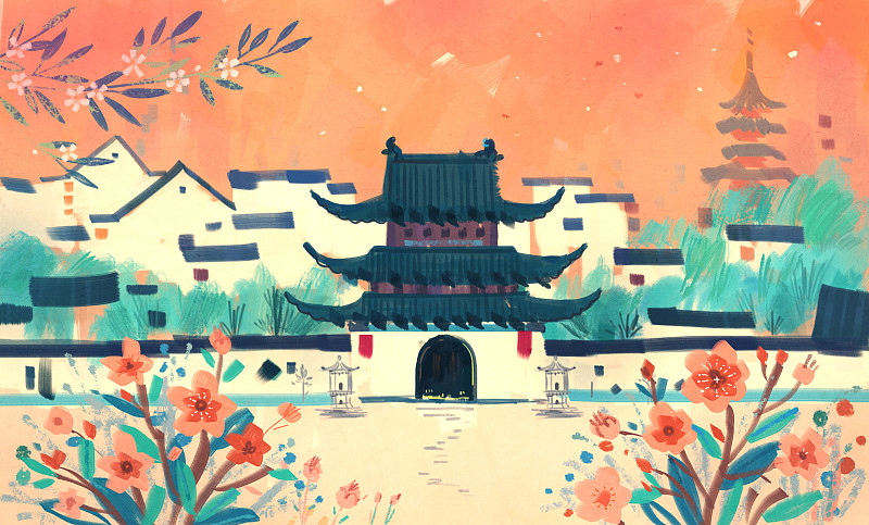 城市，南京，夫子庙，著名景点，春季，插画，傍晚图片