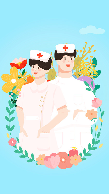 男护士和女护士站在花环中矢量插画海报图片