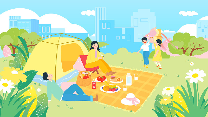一家人户外帐篷郊游野餐矢量插画横图下载