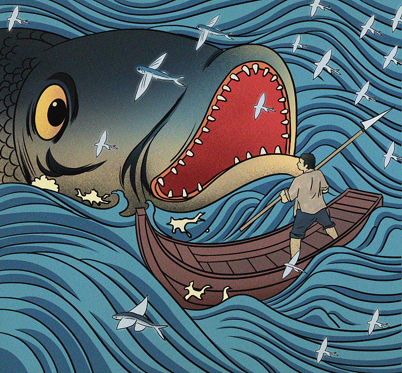 浮世绘风格老人与海捕鱼壮观震撼插画图片