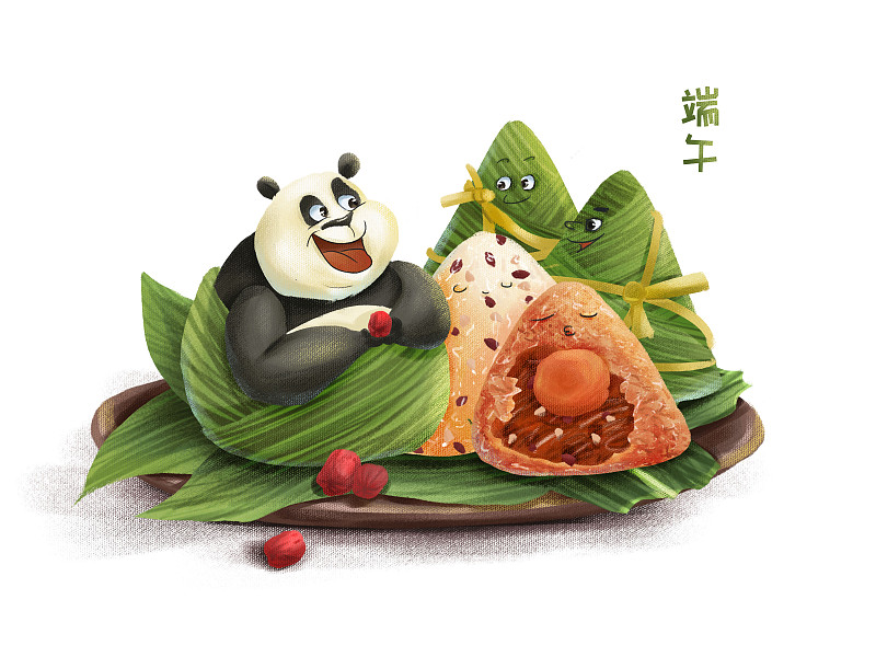 包成粽子模样的熊猫坐在装满粽子的盘子上图片素材