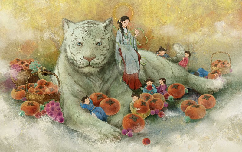 金-白虎——中国风古风风景水墨神兽插画图片