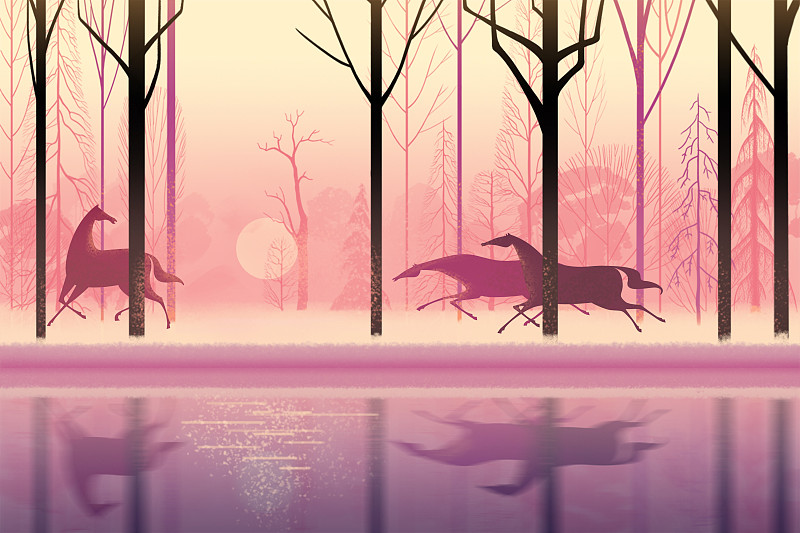 三匹马在夕阳下奔跑的唯美创意插画图片
