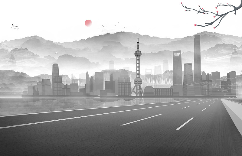 一条公路通往上海建筑群中国风插画下载