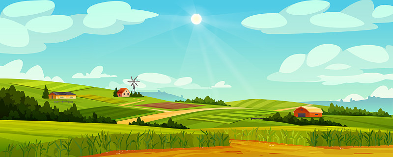 有农舍、风车、谷仓的乡村景观图片下载