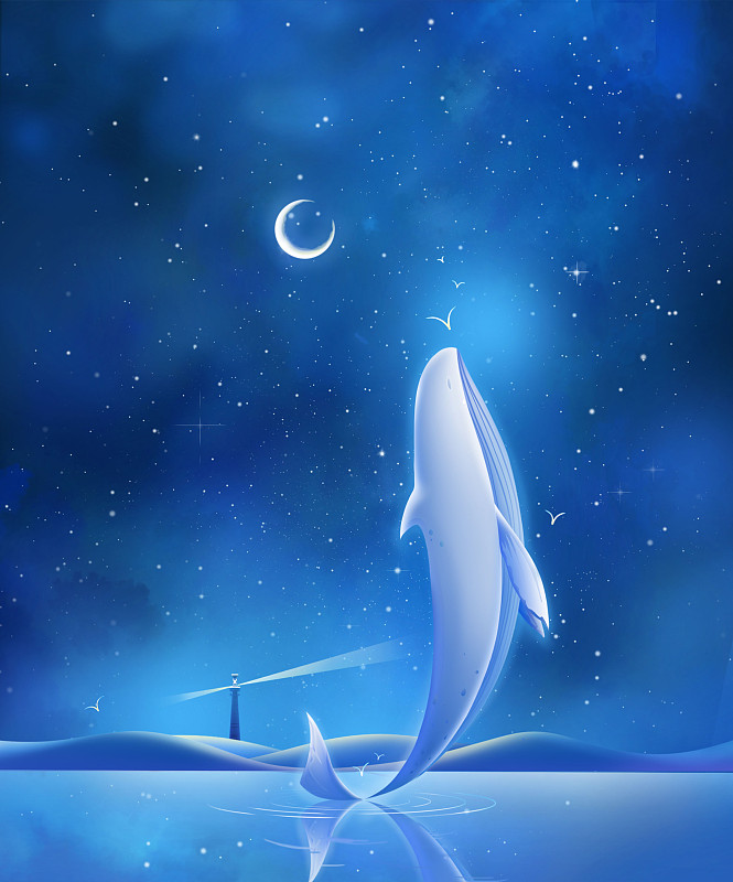 星河中一只跃出水面白色鲸鱼唯美插画壁纸下载