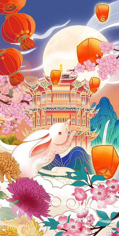 国潮风中秋节节日节气团圆兔子奔月青绿山水海报秋天插画图片