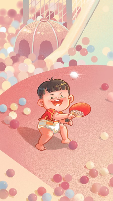 穿尿不湿的男宝宝在游乐场用扇子当球拍打球图片素材