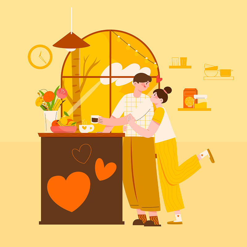 情侣在厨房拥抱对视矢量插画海报方图下载
