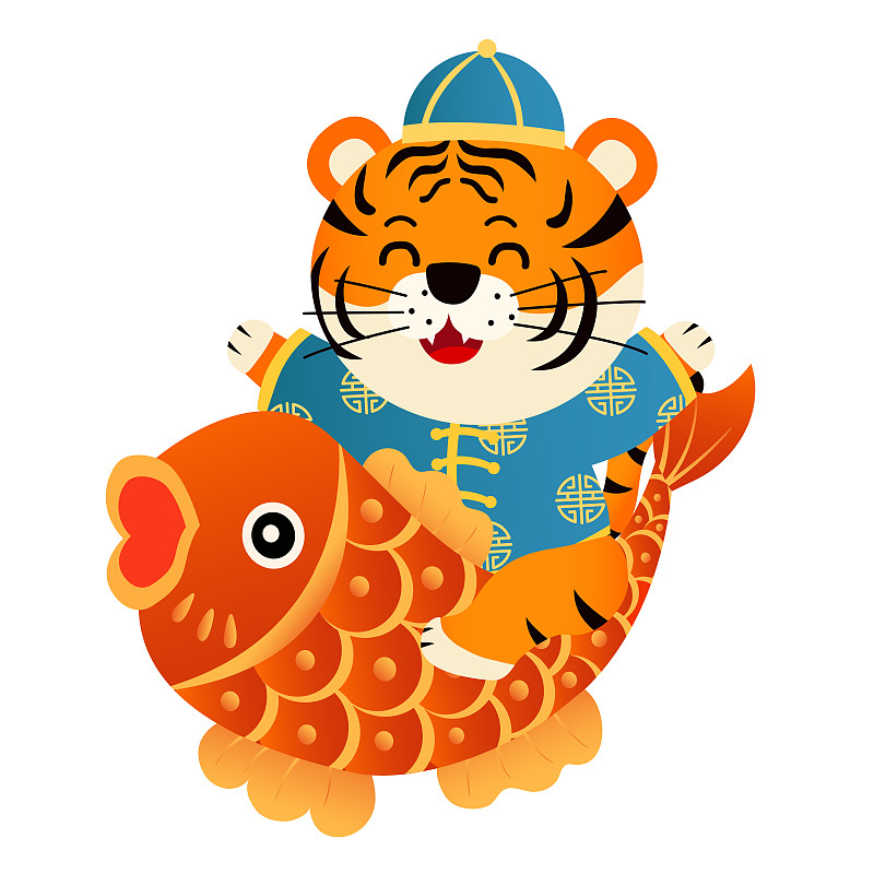 坐在金鱼上的老虎矢量插画图片