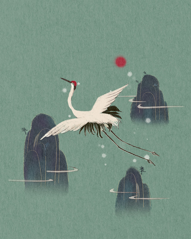 山间飞过一只仙鹤装饰插画图片