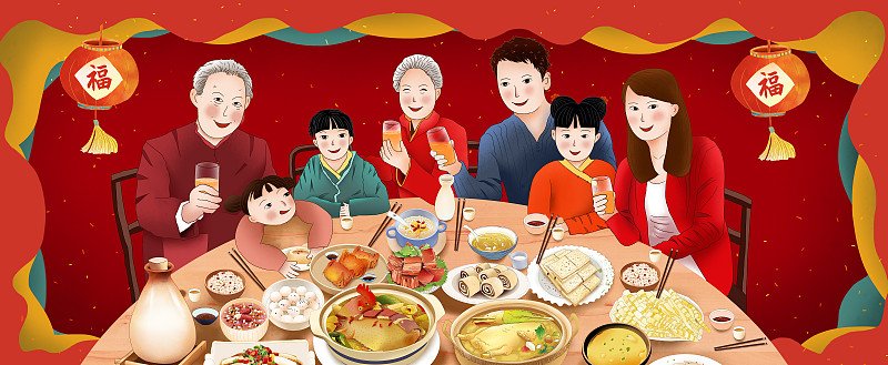 2021传统年俗大年三十年夜饭 家庭聚餐图片素材