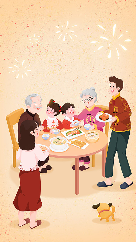 正月初六话家常春节家庭聚会年俗插画图片