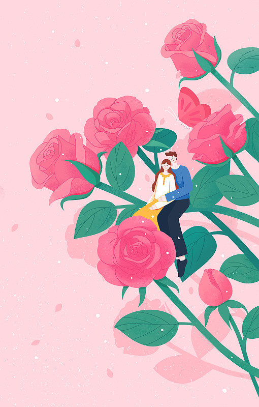 情侣抱着坐在粉红色玫瑰花枝上图片素材