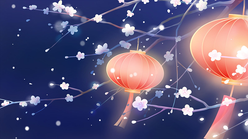 深蓝色唯美清新春季插画，夜幕，樱花树枝上亮着两盏红灯笼下载