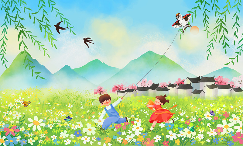 春分出游放风筝的儿童图片下载