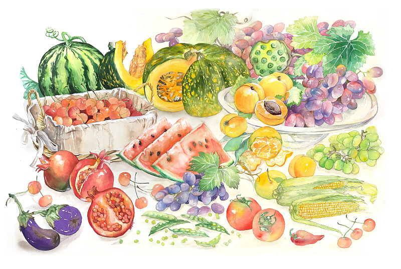 夏天水果蔬菜丰收图图片素材
